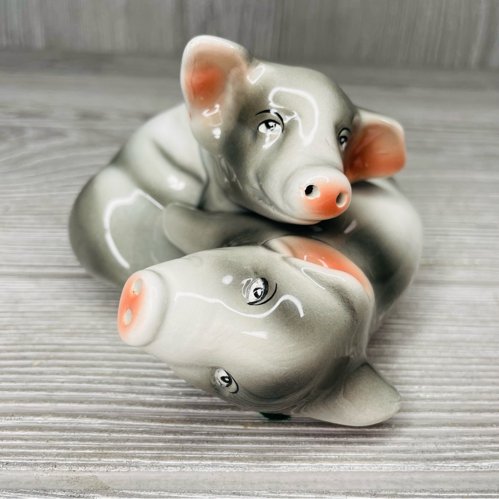 Pigs salt and pepper shaker laying down nesting hugging cuddle pigs ceramic